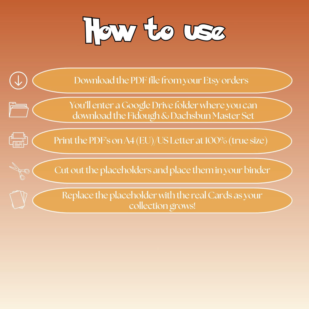 Fidough & Dachsbun  cards digital download instructions explaining how to print, cut, and place placeholders in a Pokémon binder.