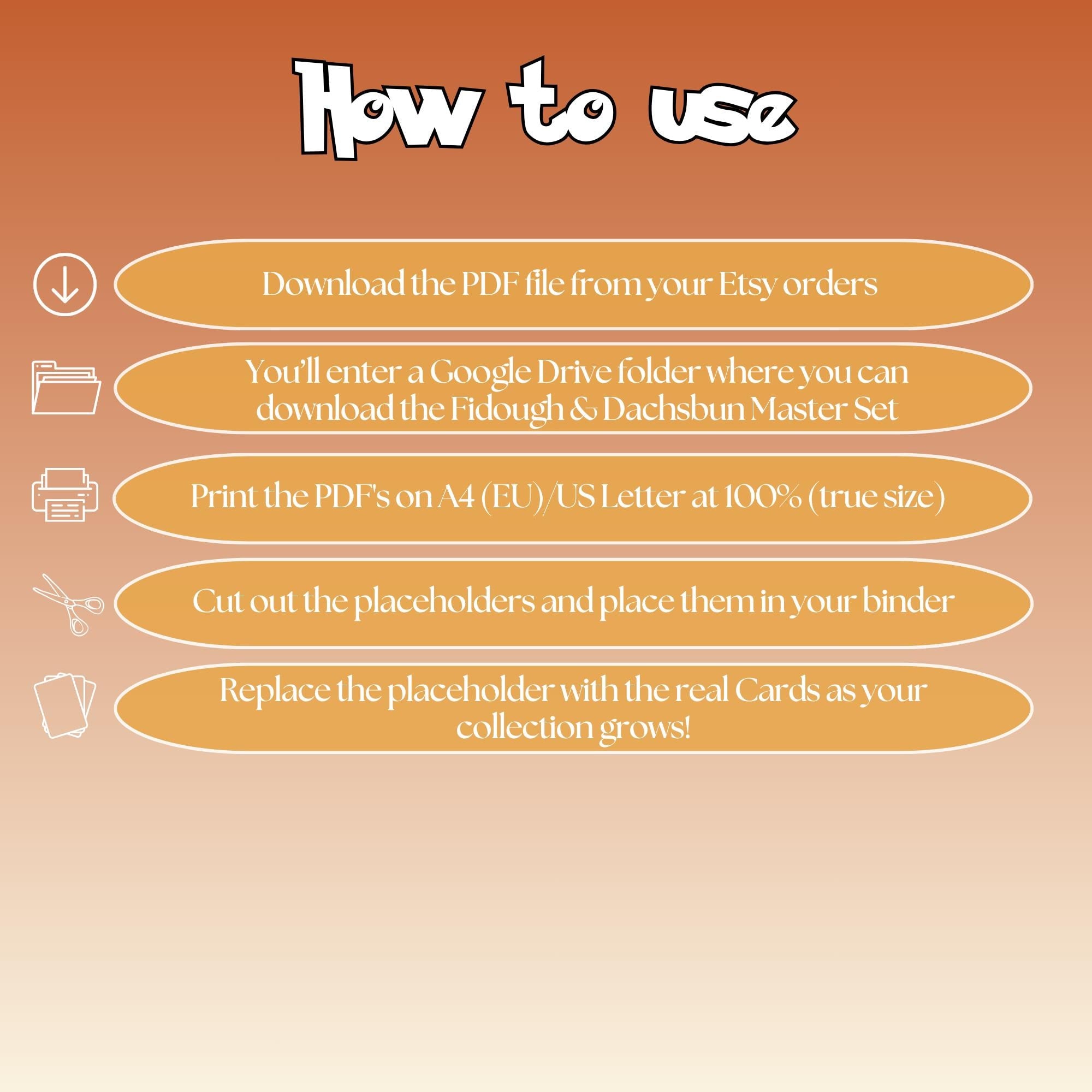 Fidough & Dachsbun  cards digital download instructions explaining how to print, cut, and place placeholders in a Pokémon binder.