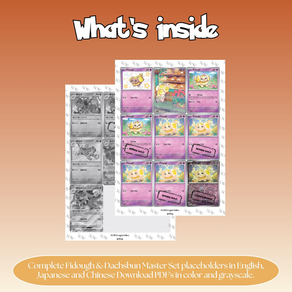 Fidough & Dachsbun  binder pages set overview showing the included Pokémon cards to print and cut for your binder sleeves.