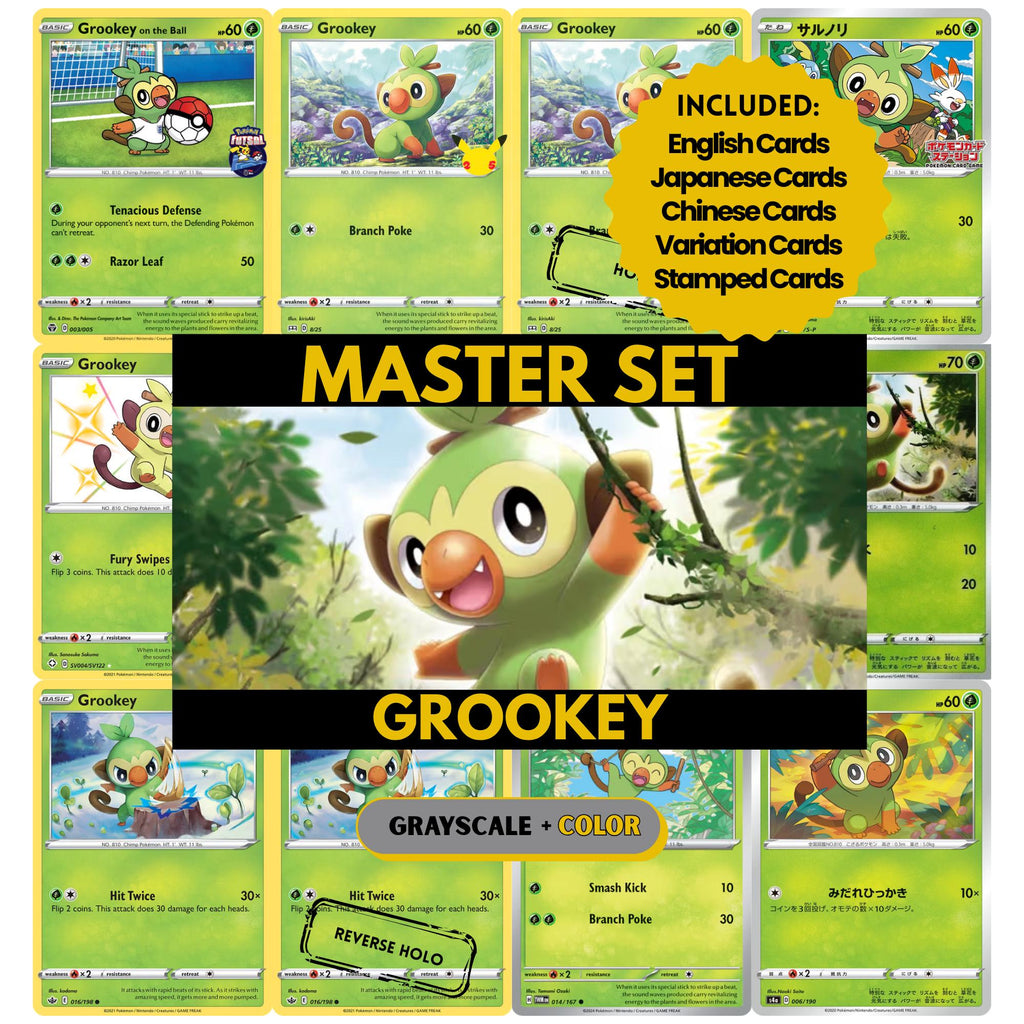 Grookey binder pages set showing grayscale and color Pokémon cards, designed as a digital download to complete a collector’s binder.