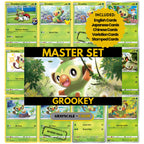 Grookey binder pages set showing grayscale and color Pokémon cards, designed as a digital download to complete a collector’s binder.
