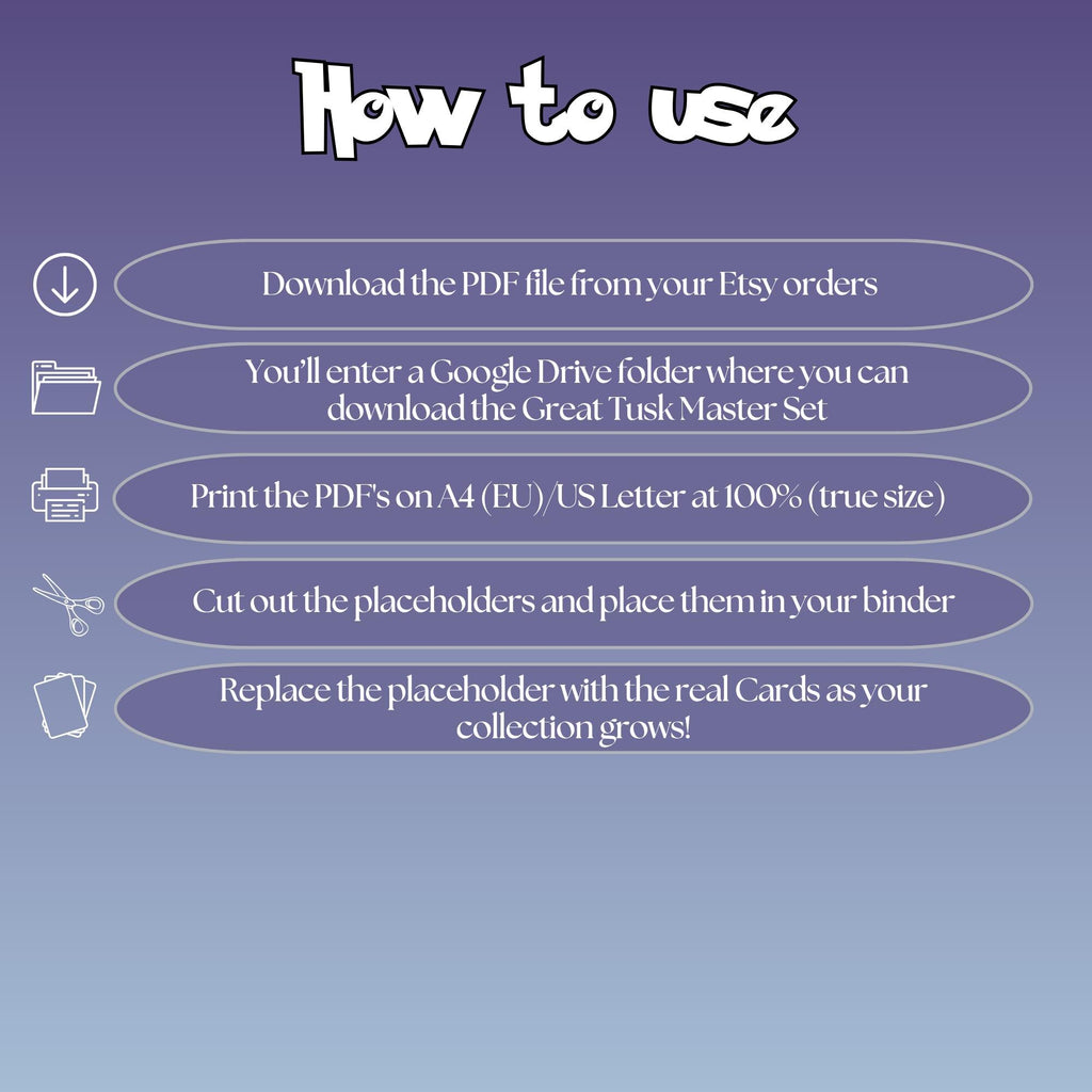 Great Tusk cards digital download instructions explaining how to print, cut, and place placeholders in a Pokémon binder.