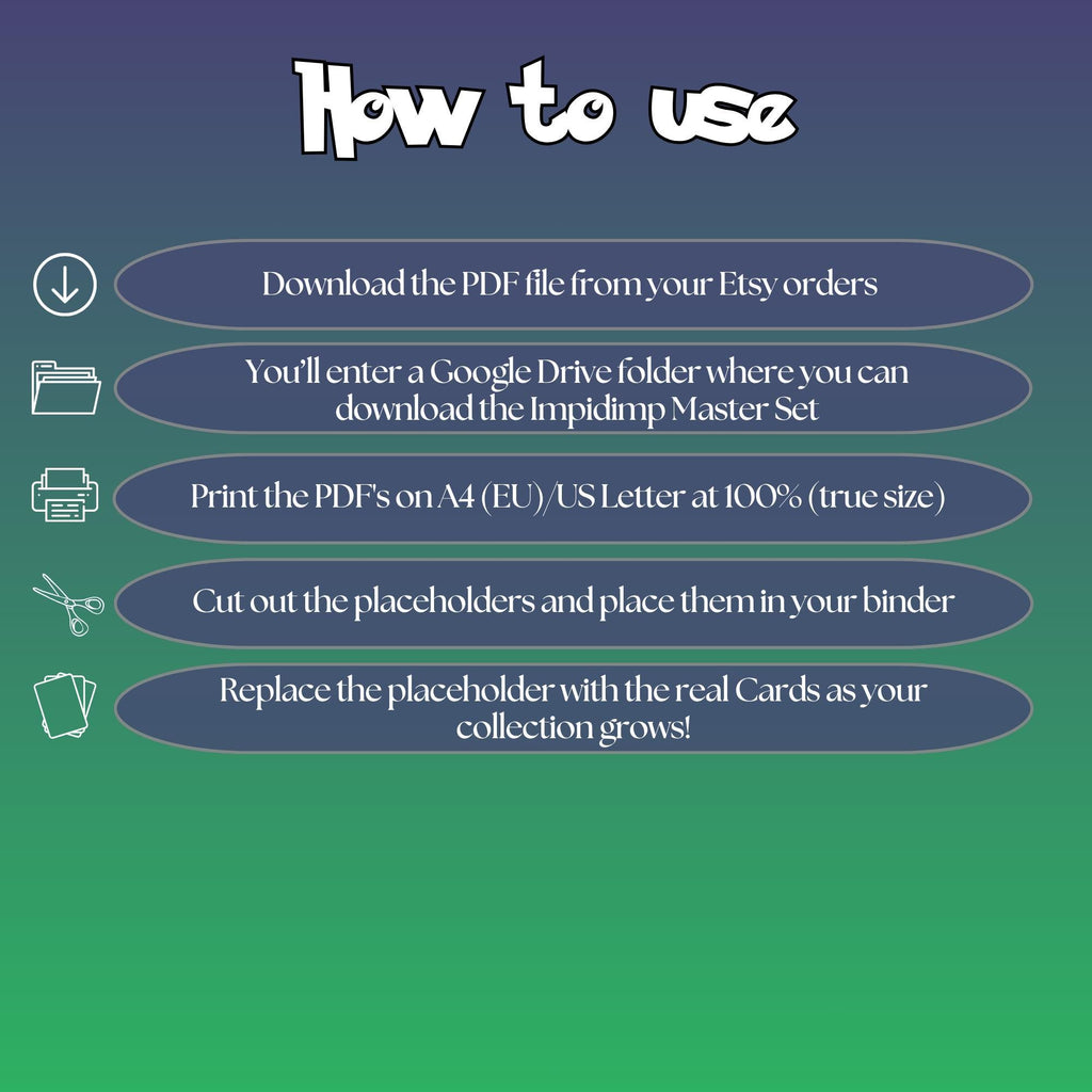 Impidimp cards digital download instructions explaining how to print, cut, and place placeholders in a Pokémon binder.