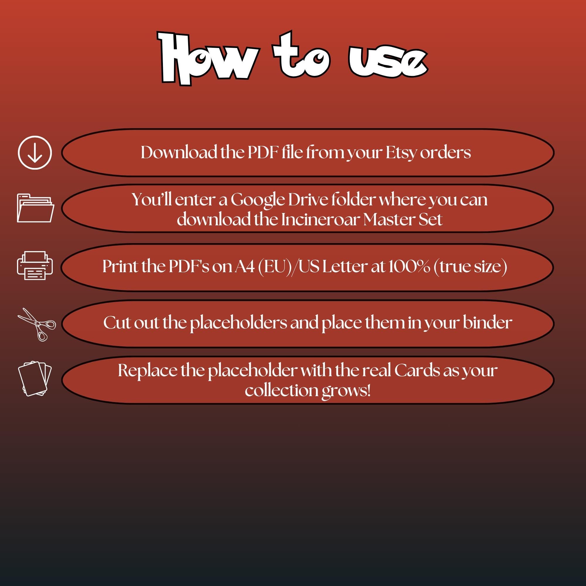 Incineroar cards digital download instructions explaining how to print, cut, and place placeholders in a Pokémon binder.