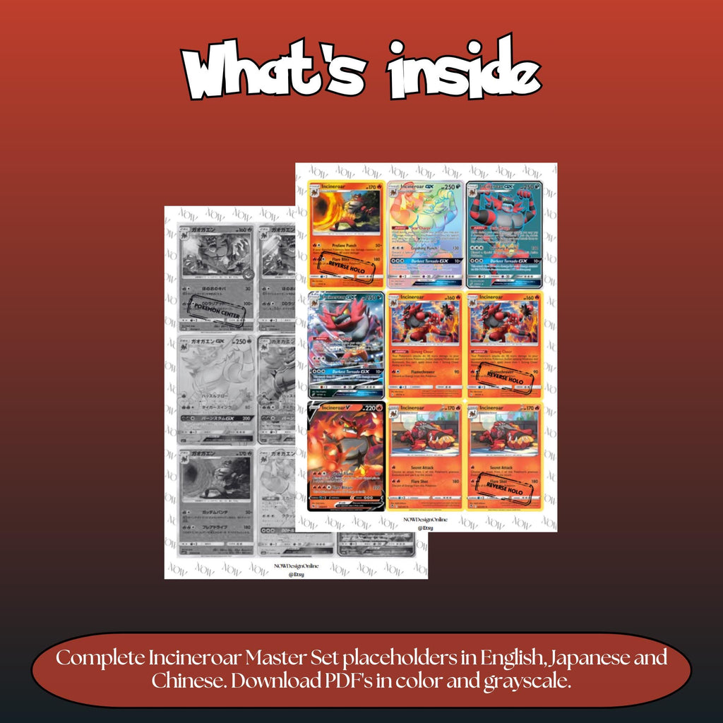 Incineroar binder pages set overview showing the included Pokémon cards to print and cut for your binder sleeves.