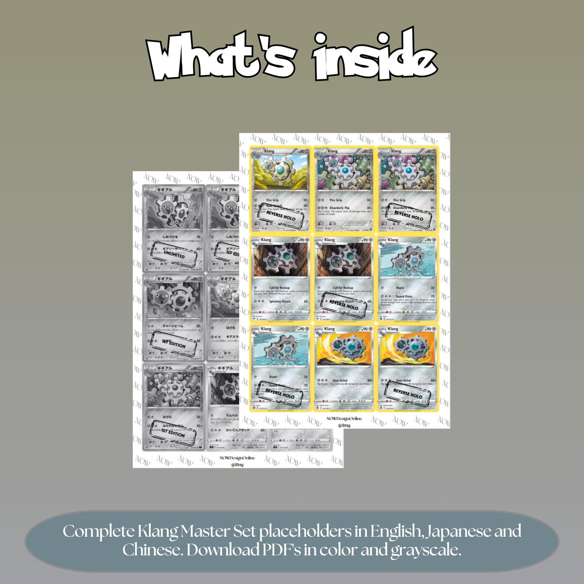 Klang binder pages set overview showing the included Pokémon cards to print and cut for your binder sleeves.
