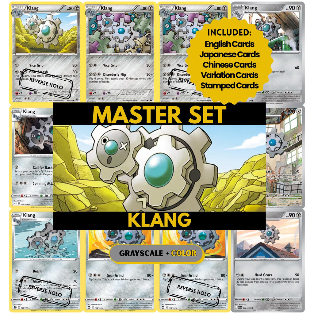 Klang binder pages set showing grayscale and color Pokémon cards, designed as a digital download to complete a collector’s binder.