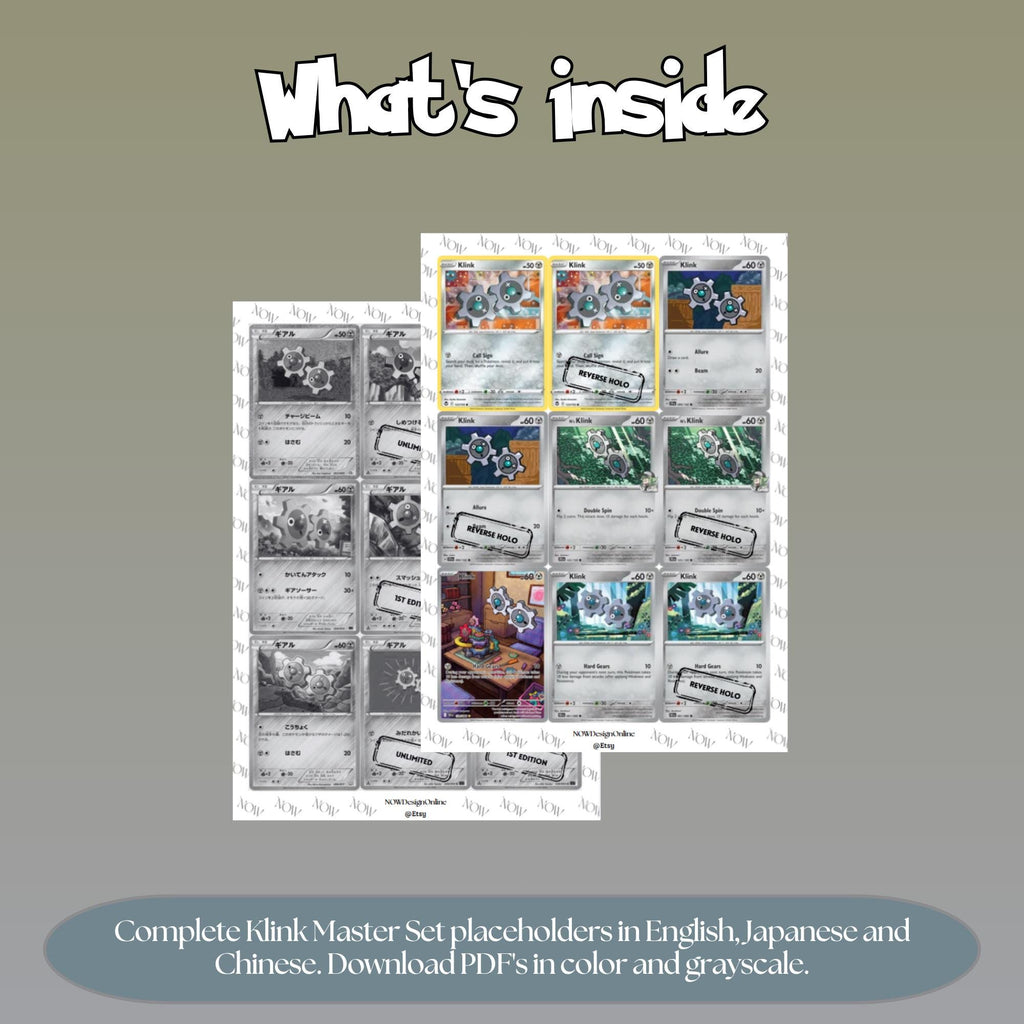 Klink binder pages set overview showing the included Pokémon cards to print and cut for your binder sleeves.