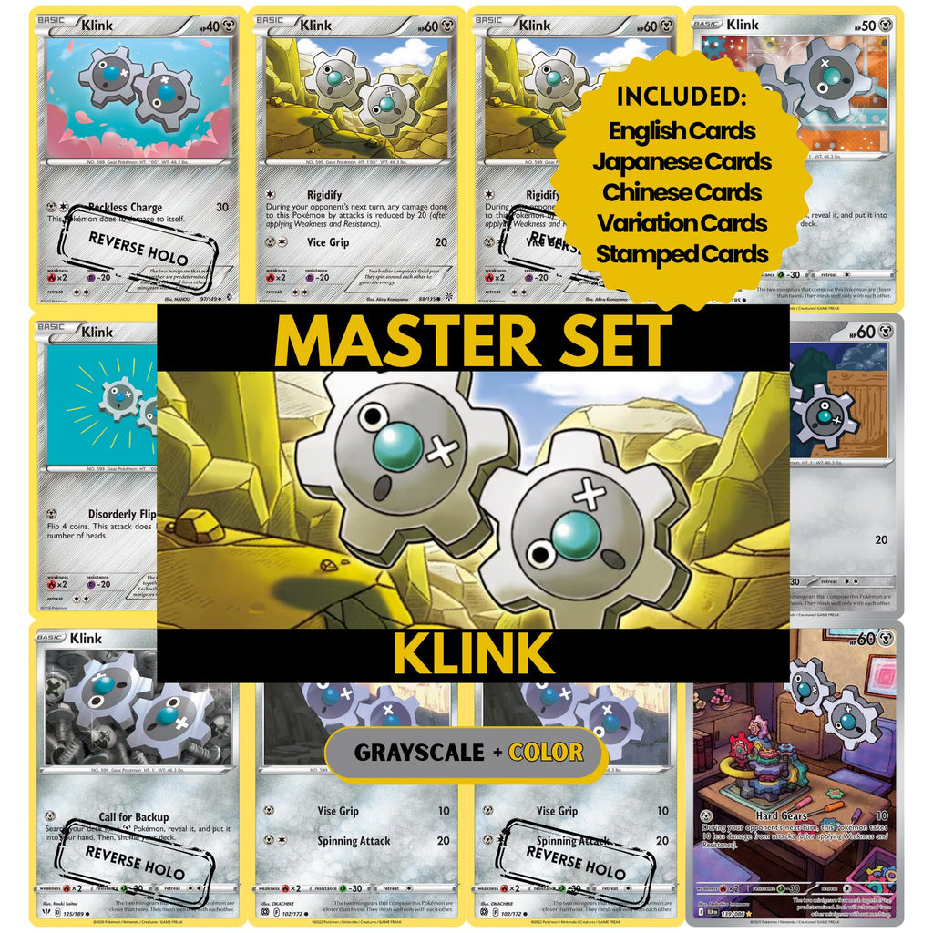 Klink binder pages set showing grayscale and color Pokémon cards, designed as a digital download to complete a collector’s binder.