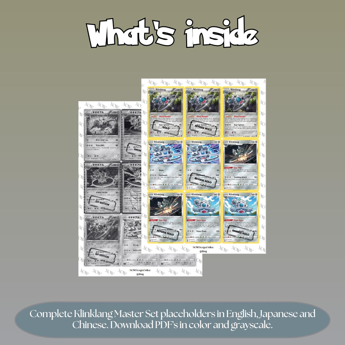 Klinklang binder pages set overview showing the included Pokémon cards to print and cut for your binder sleeves.