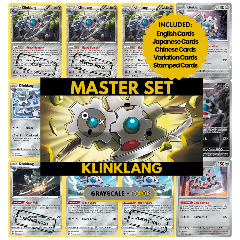 Klinklang binder pages set showing grayscale and color Pokémon cards, designed as a digital download to complete a collector’s binder.