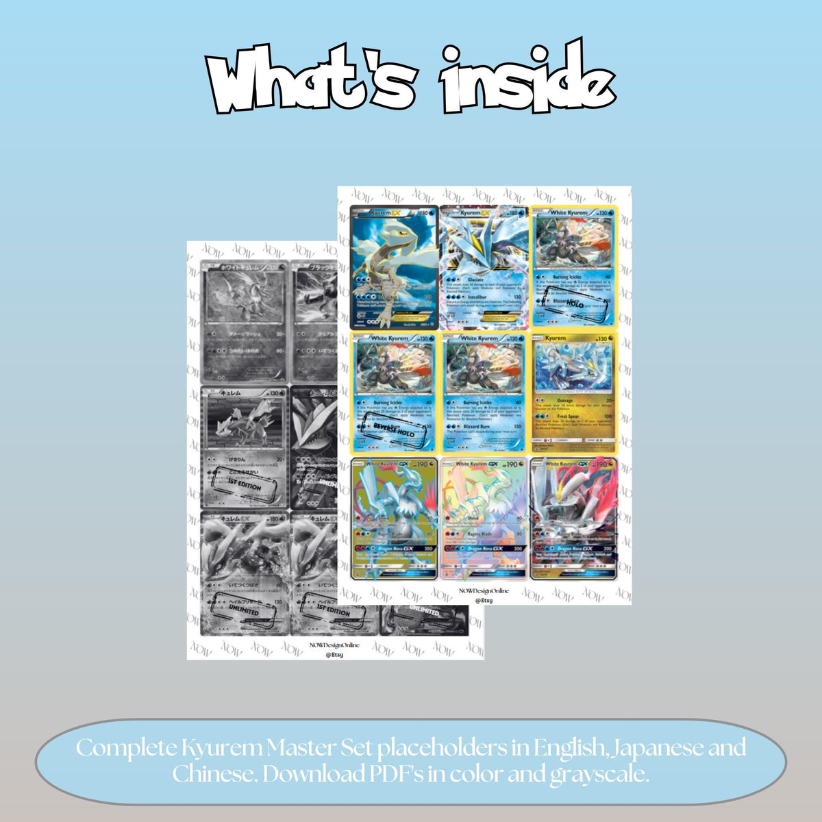 Kyurem binder pages set overview showing the included Pokémon cards to print and cut for your binder sleeves.