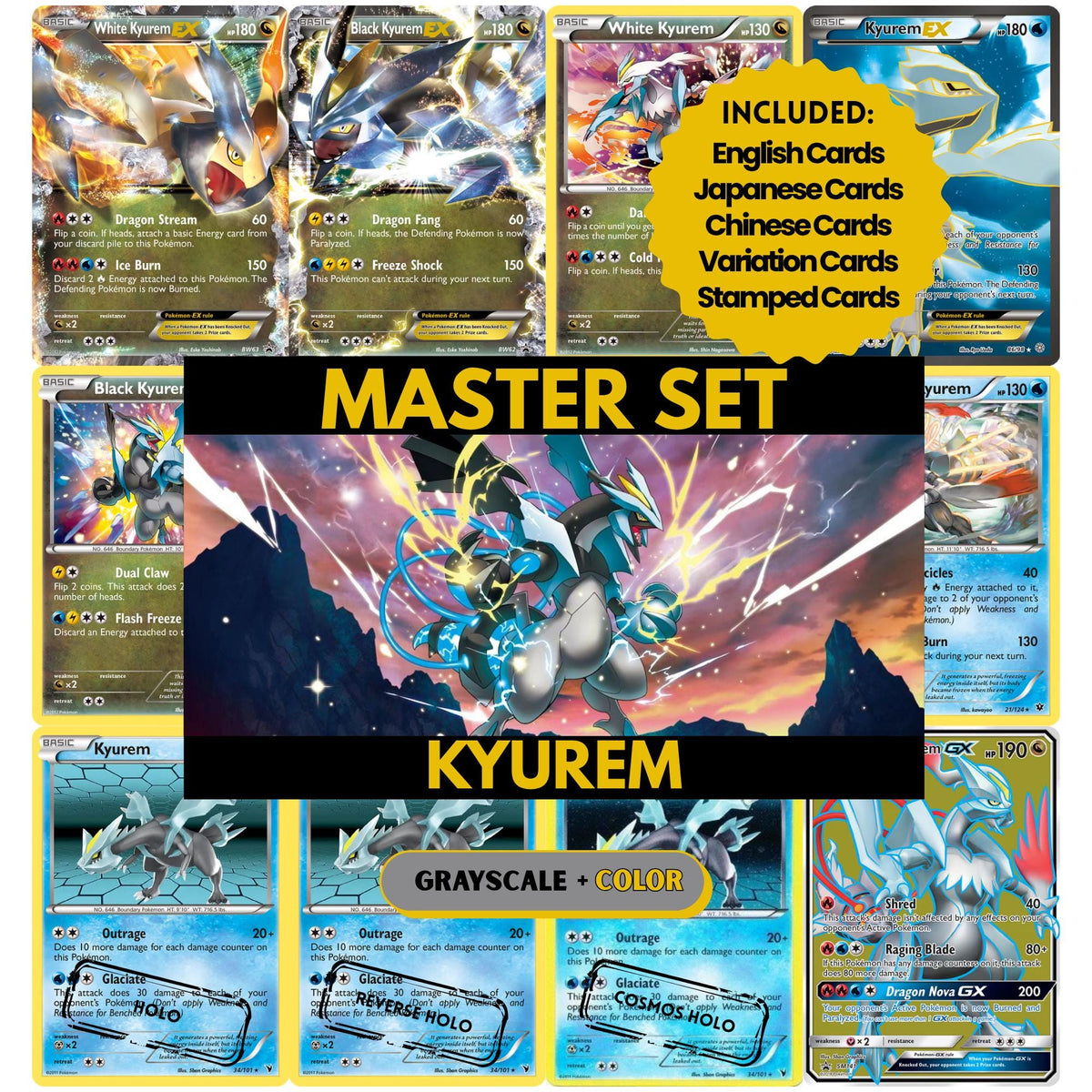 Kyurem binder pages set showing grayscale and color Pokémon cards, designed as a digital download to complete a collector’s binder.