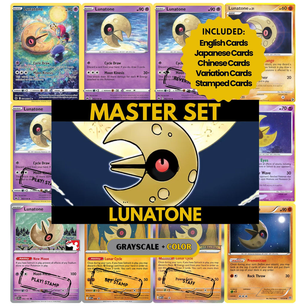 Lunatone binder pages set showing grayscale and color Pokémon cards, designed as a digital download to complete a collector’s binder.