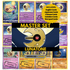 Lunatone binder pages set showing grayscale and color Pokémon cards, designed as a digital download to complete a collector’s binder.