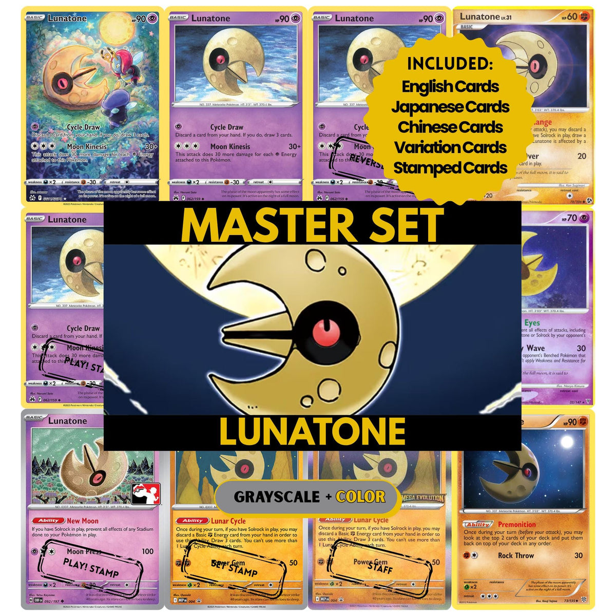 Lunatone binder pages set showing grayscale and color Pokémon cards, designed as a digital download to complete a collector’s binder.
