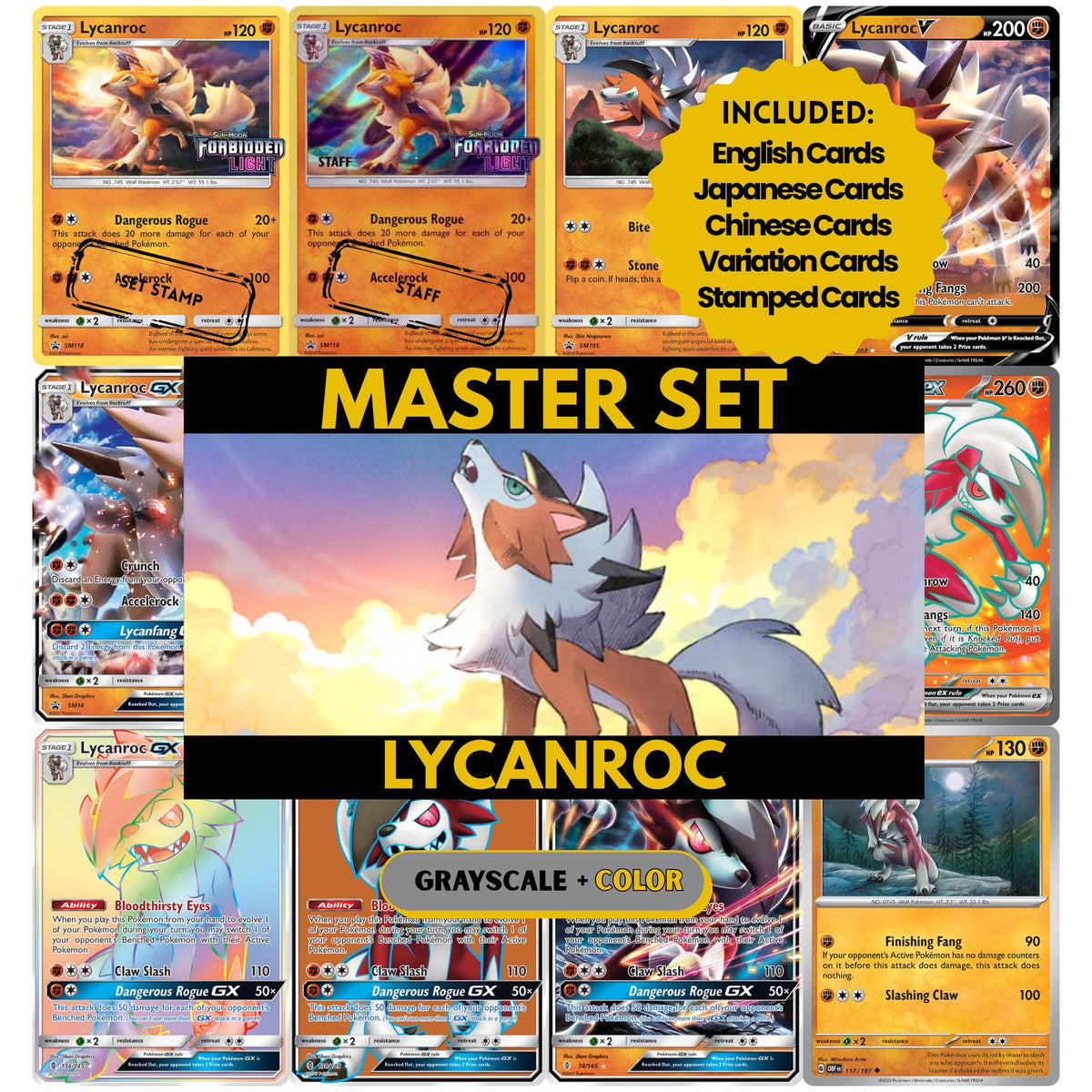 Lycanroc binder pages set showing grayscale and color Pokémon cards, designed as a digital download to complete a collector’s binder.