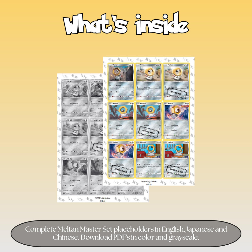Meltan binder pages set overview showing the included Pokémon cards to print and cut for your binder sleeves.