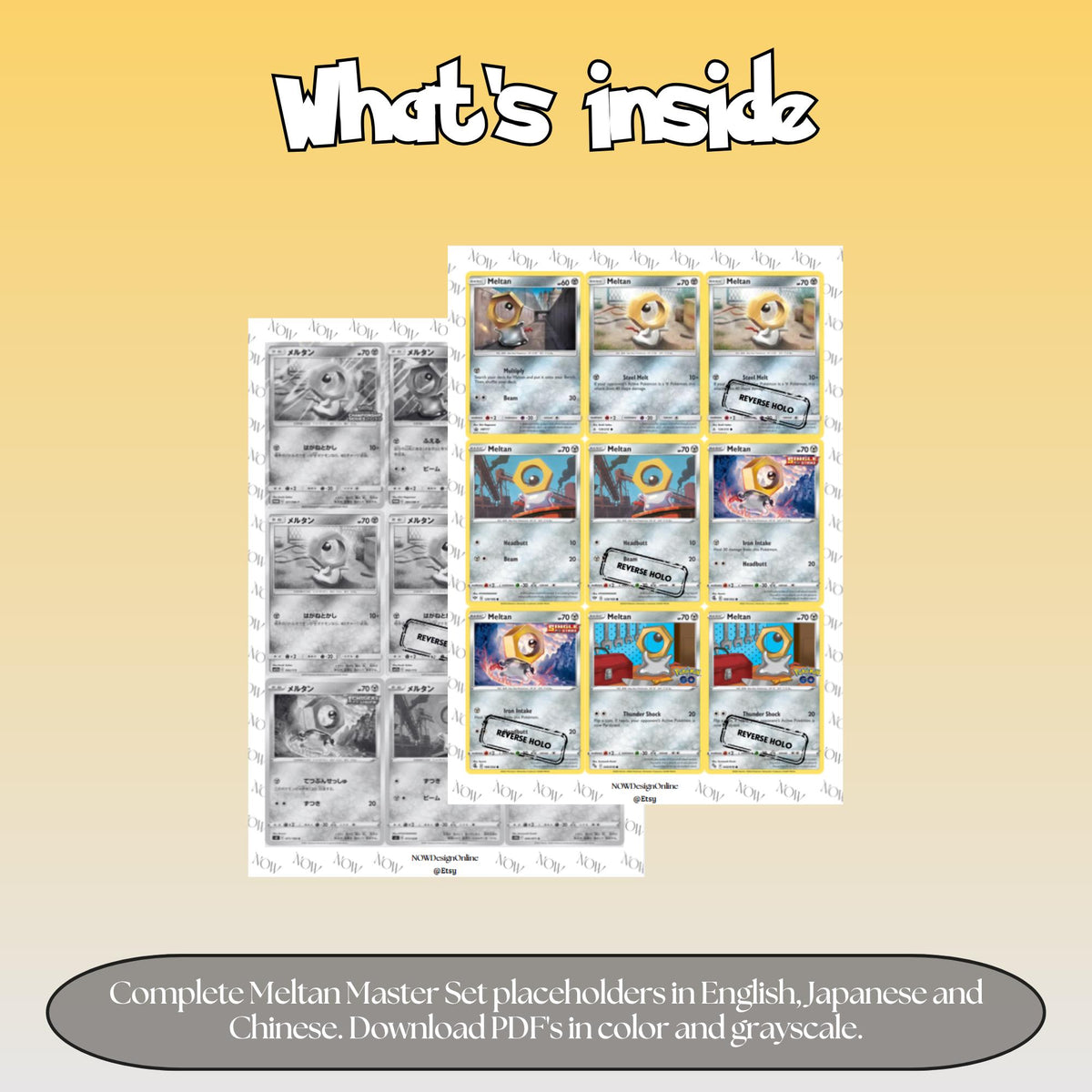 Meltan binder pages set overview showing the included Pokémon cards to print and cut for your binder sleeves.