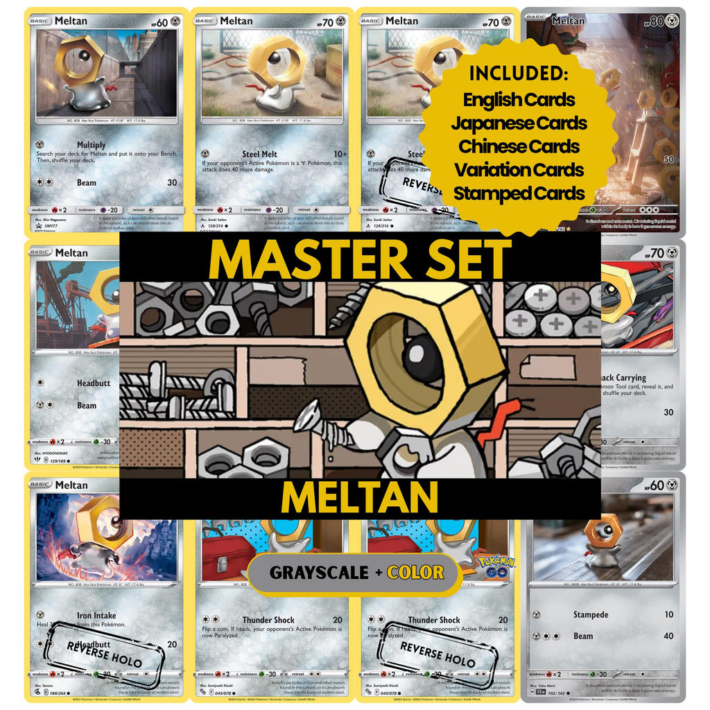 Meltan binder pages set showing grayscale and color Pokémon cards, designed as a digital download to complete a collector’s binder.