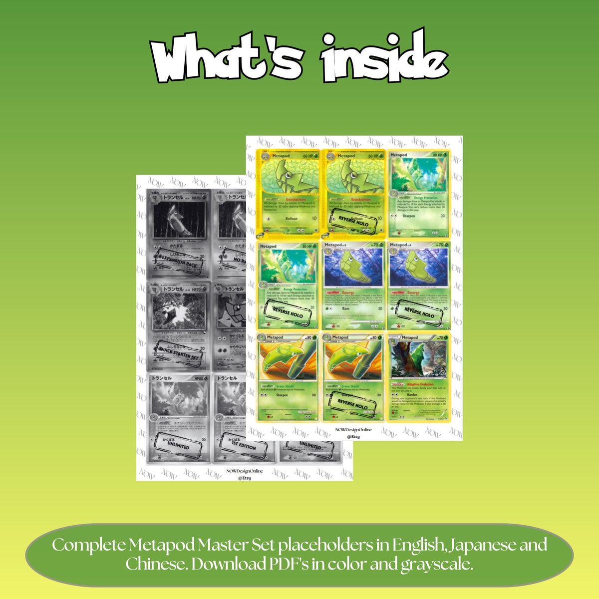 Metapod binder pages set overview showing the included Pokémon cards to print and cut for your binder sleeves.