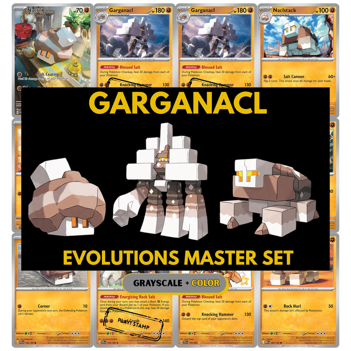 Garganacl Evolutions binder pages set showing grayscale and color Pokémon cards, designed as a digital download to complete a collector’s binder.