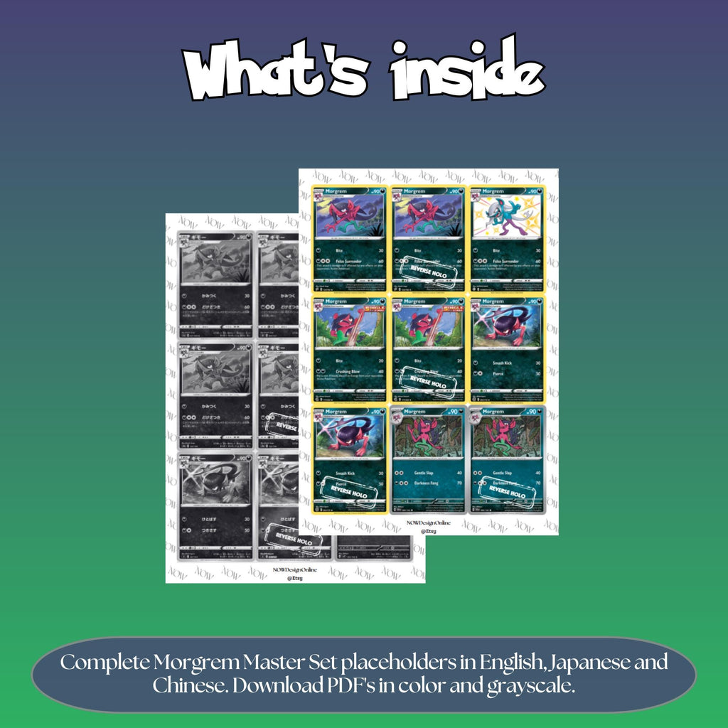 Morgrem binder pages set overview showing the included Pokémon cards to print and cut for your binder sleeves.