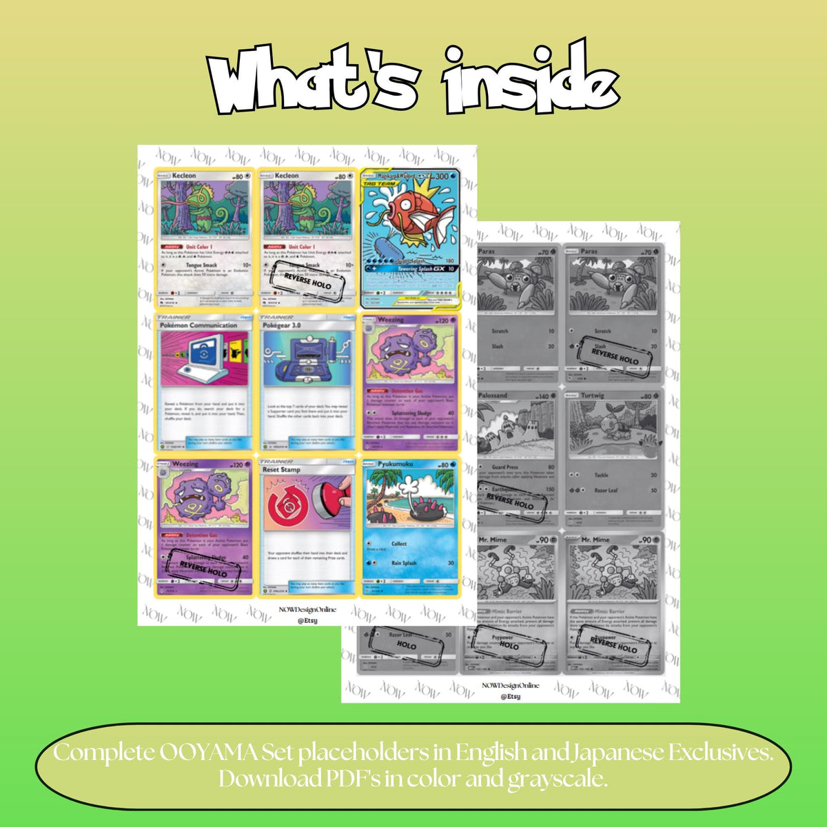 OOYAMA illustrator set overview showing the included Pokémon cards to print and cut for your binder sleeves.