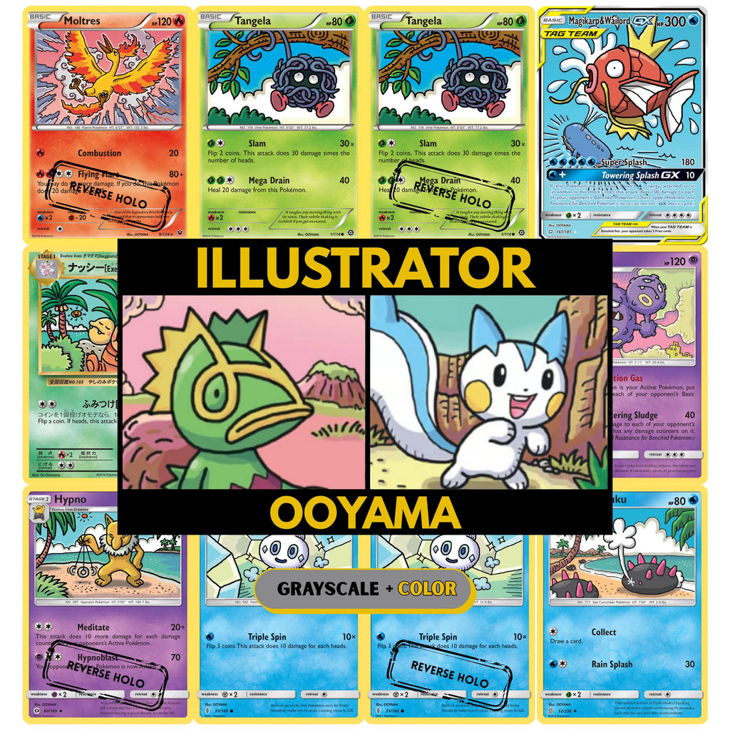 OOYAMA illustrator binder pages set showing unique Pokémon card artworks in grayscale and color, designed as a digital download to complete a collector’s binder.