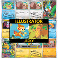 Jerky illustrator binder pages set showing unique Pokémon card artworks in grayscale and color, designed as a digital download to complete a collector’s binder.
