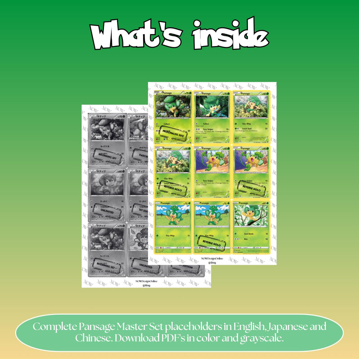 Pansage binder pages set overview showing the included Pokémon cards to print and cut for your binder sleeves.