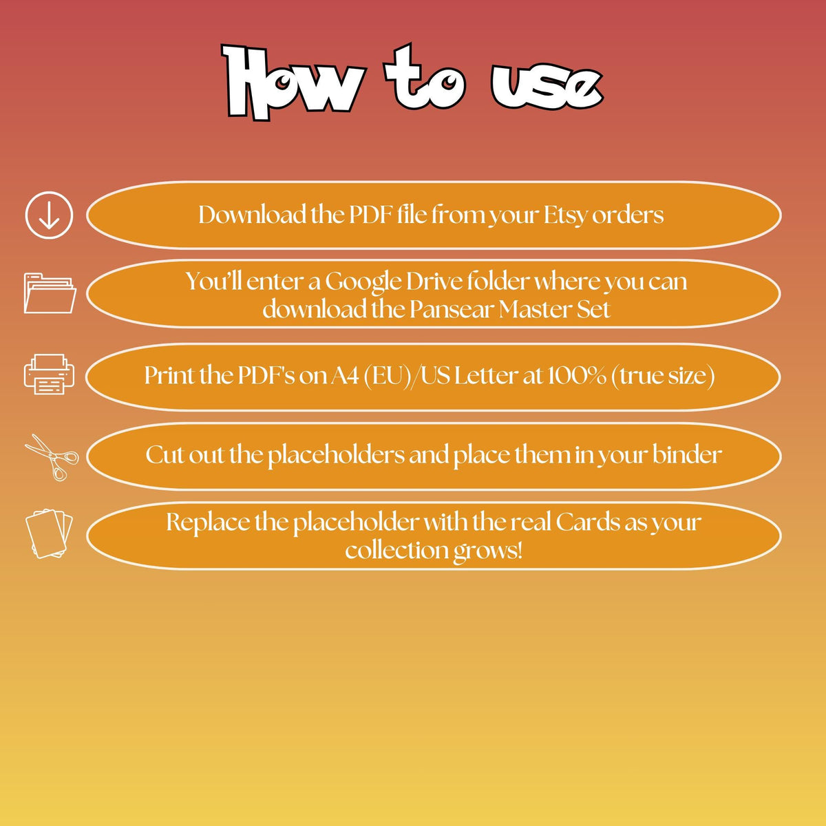 Pansear cards digital download instructions explaining how to print, cut, and place placeholders in a Pokémon binder.
