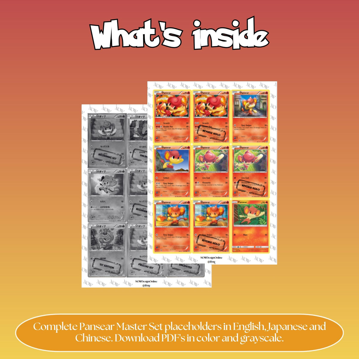Pansear binder pages set overview showing the included Pokémon cards to print and cut for your binder sleeves.