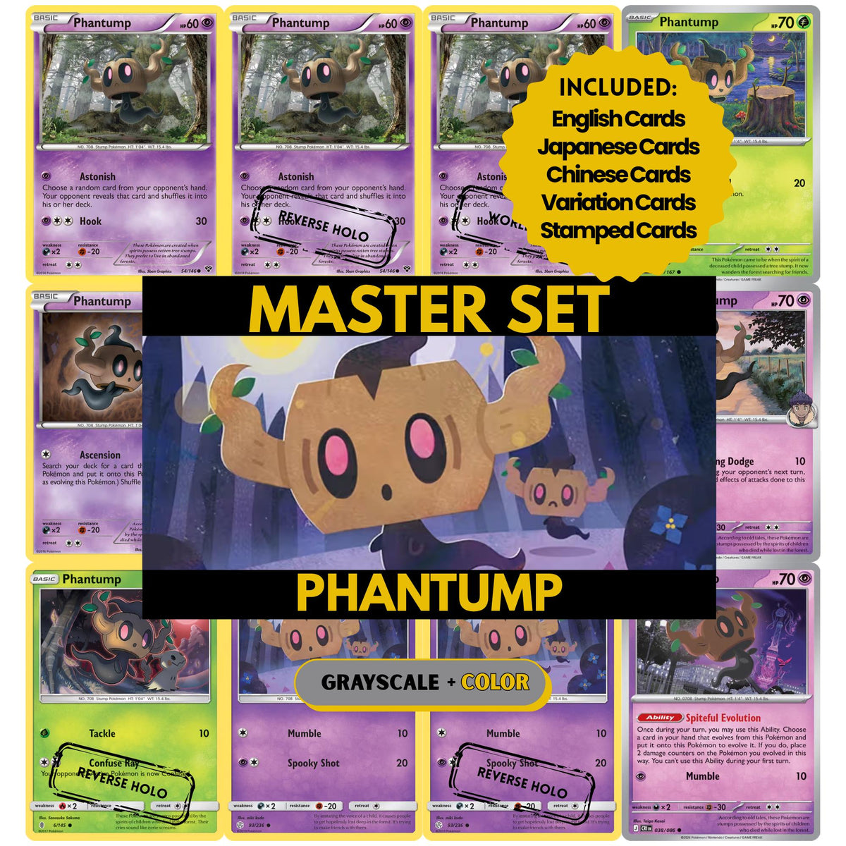 Phantump binder pages set showing grayscale and color Pokémon cards, designed as a digital download to complete a collector’s binder.