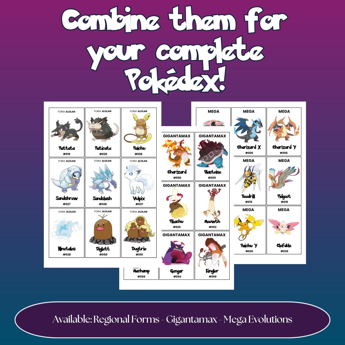 Gigantamax Pokédex placeholders shown alongside Regional Forms and Mega Evolution placeholder cards, available to combine into a complete Pokémon Pokédex binder.