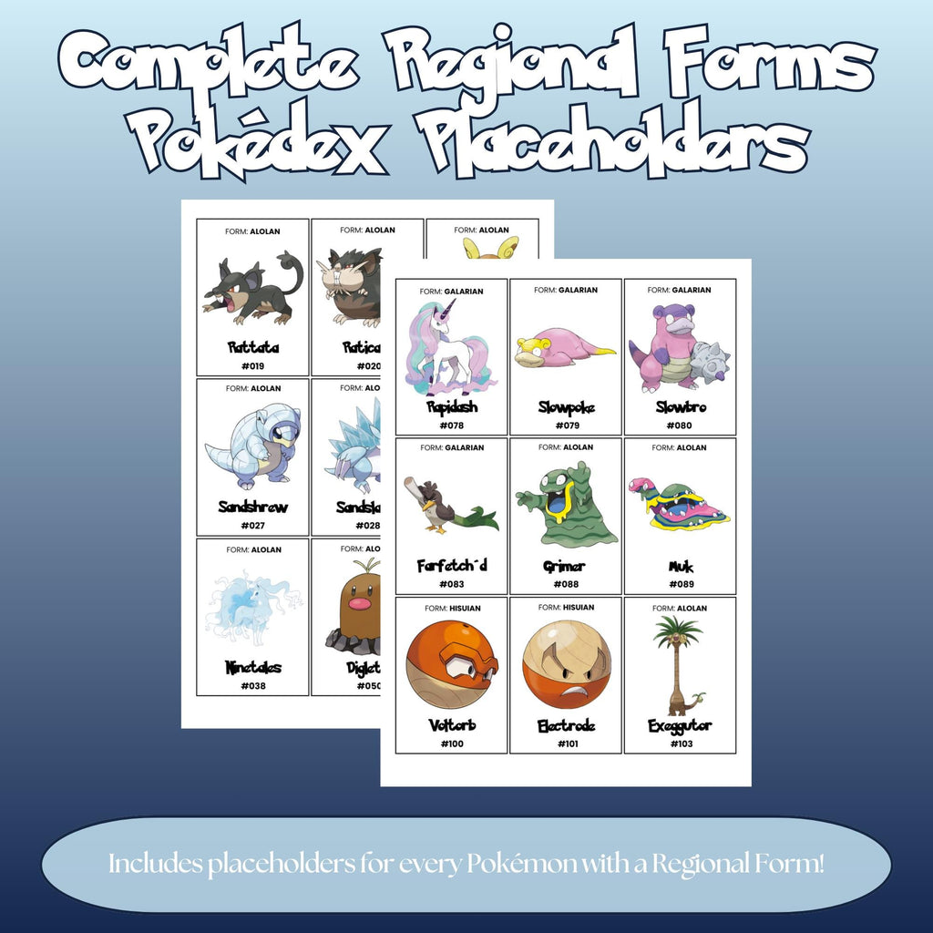 Complete Regional Forms Pokédex placeholders preview showing Pokémon binder inserts for all Alolan, Galarian, Hisuian and Paldean forms arranged in Pokédex order.