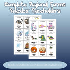 Complete Regional Forms Pokédex placeholders preview showing Pokémon binder inserts for all Alolan, Galarian, Hisuian and Paldean forms arranged in Pokédex order.