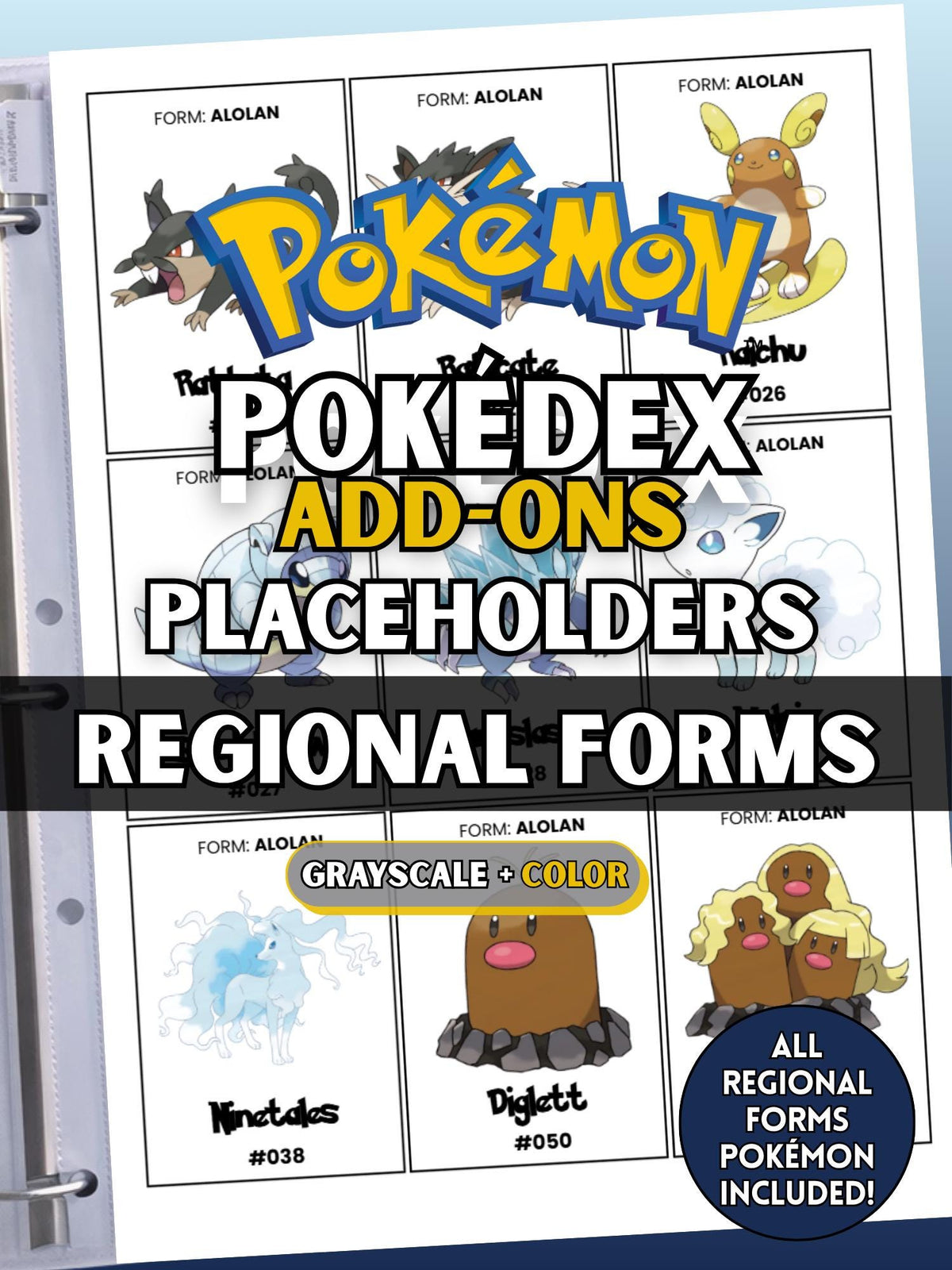 Regional Forms Pokémon Pokédex placeholders printable binder pages showing cards, designed to keep a Pokémon TCG binder complete and organized.