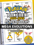 Mega Evolution Pokémon Pokédex placeholders printable binder pages showing card style inserts for Mega Charizard X, Mega Blastoise and more, designed to keep a Pokémon TCG binder complete and organized.