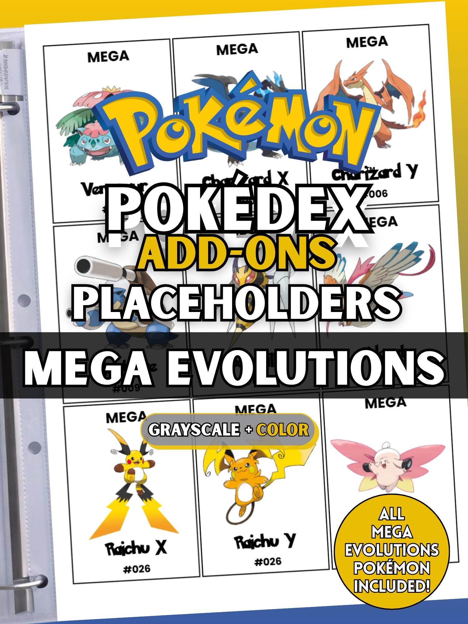 Mega Evolution Pokémon Pokédex placeholders printable binder pages showing card style inserts for Mega Charizard X, Mega Blastoise and more, designed to keep a Pokémon TCG binder complete and organized.
