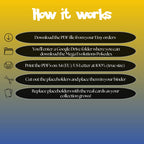 How to use Mega Evolution Pokédex placeholders guide showing download, print, cut and place steps for organizing a Pokémon binder.