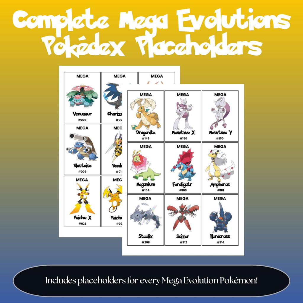 Complete Mega Evolution Pokédex placeholders preview showing Pokémon binder inserts for all Mega Evolutions arranged in Pokédex order.