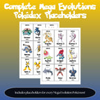 Complete Mega Evolution Pokédex placeholders preview showing Pokémon binder inserts for all Mega Evolutions arranged in Pokédex order.
