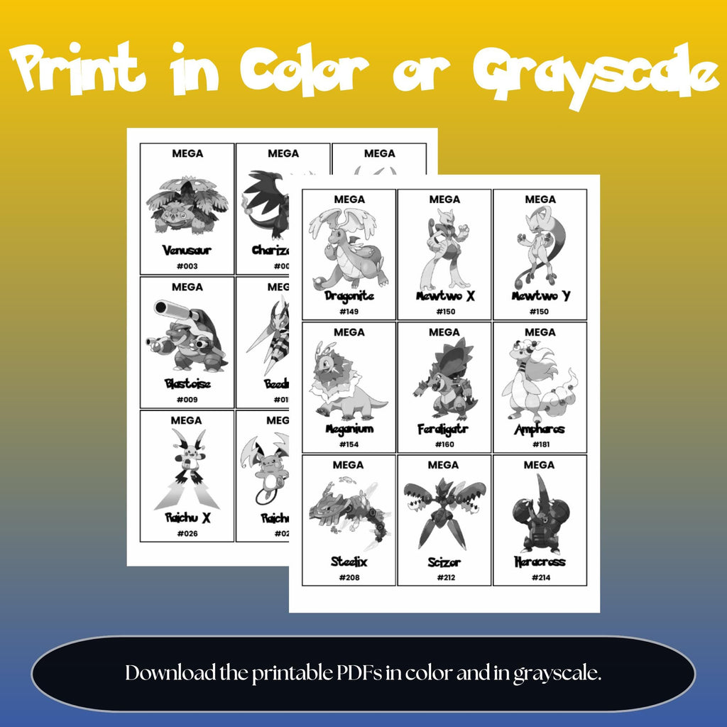 Printable Mega Evolution Pokédex placeholders available in color and grayscale designed for Pokémon binder organization and easy home printing.