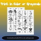 Printable Mega Evolution Pokédex placeholders available in color and grayscale designed for Pokémon binder organization and easy home printing.