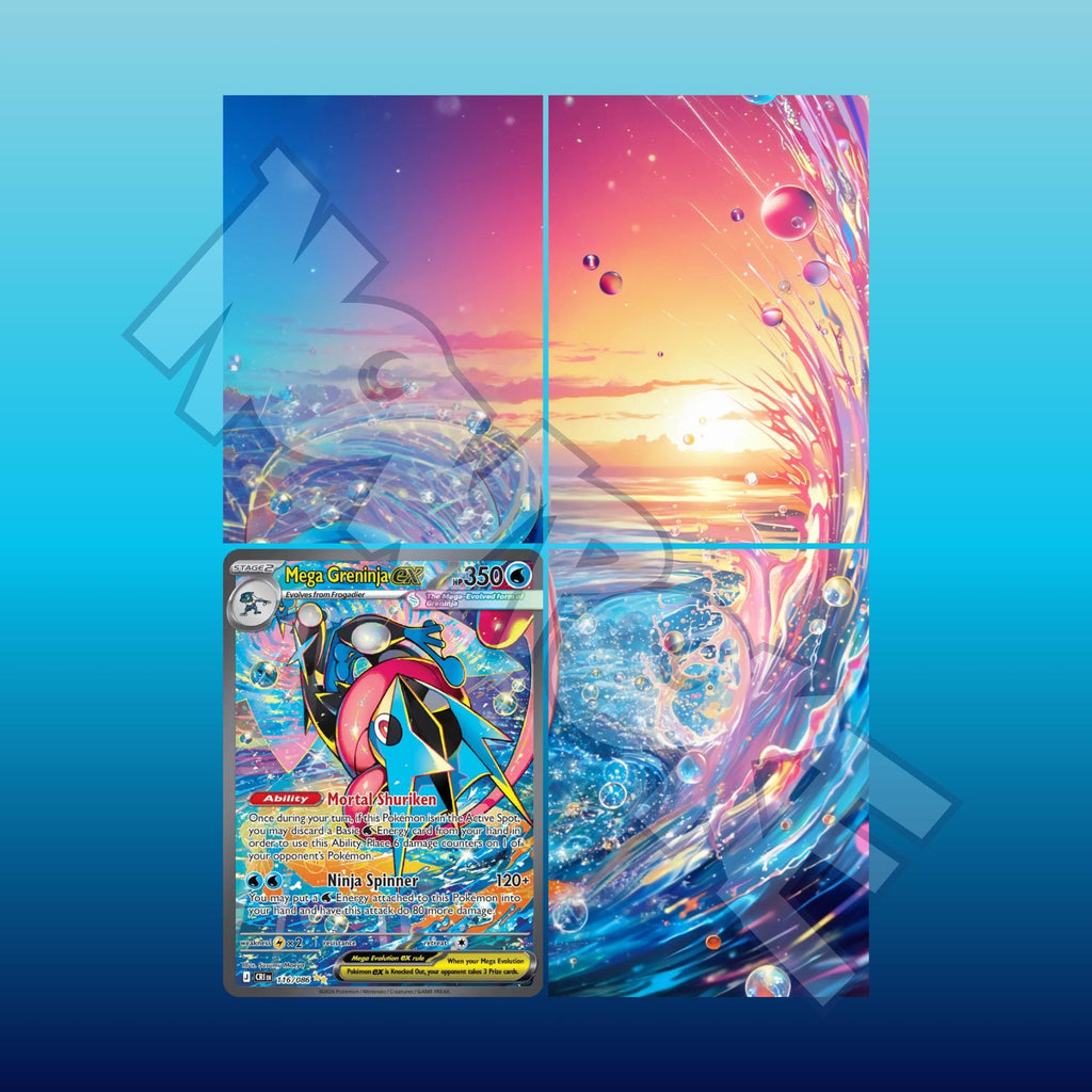Extended binder art preview showing Mega Greninja ex card surrounded by ocean sunset artwork across a 4 pocket binder page.