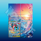Extended binder art preview showing Mega Greninja ex card surrounded by ocean sunset artwork across a 4 pocket binder page.