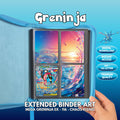 Extended binder art cover featuring Mega Greninja ex card in a 4-slot binder layout, with a water and sunset themed artwork and digital download labels.