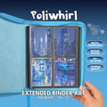 Extended binder art cover featuring Poliwhirl card in a 4-slot binder layout, with a rainy neon cityscape artwork and digital download labels.