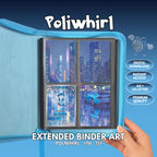 Extended binder art cover featuring Poliwhirl card in a 4-slot binder layout, with a rainy neon cityscape artwork and digital download labels.
